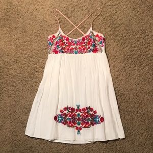 Embroidered White Babydoll Cross-Back Dress